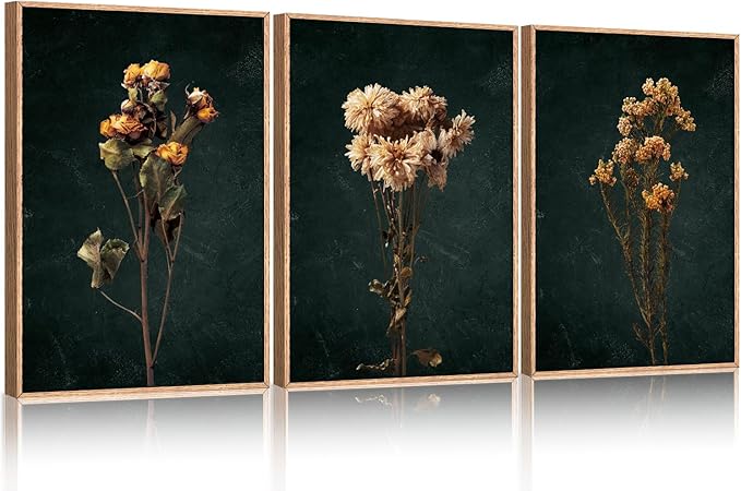 HOURIA Moody Boho Floral Framed Canvas Wall Art Set,Vintage Black Flower Wall Decor,Mid Century Minimalist Wildflower Artwork,Nature Retro Botanical Art Print for Living Room,Bedroom,Office- 24"x36"x3