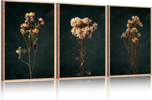 HOURIA Moody Boho Floral Framed Canvas Wall Art Set,Vintage Black Flower Wall Decor,Mid Century Minimalist Wildflower Artwork,Nature Retro Botanical Art Print for Living Room,Bedroom,Office- 24"x36"x3