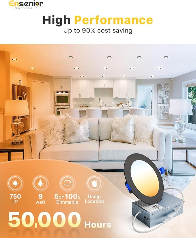 Ensenior 12 Pack 4 Inch LED Recessed Ceiling Light Black, Dimmable, 2700K-5000K 5CCT, 750LM 9W 120V, High Brightness Canless Wafer Downlight - ETL&FCC&IC