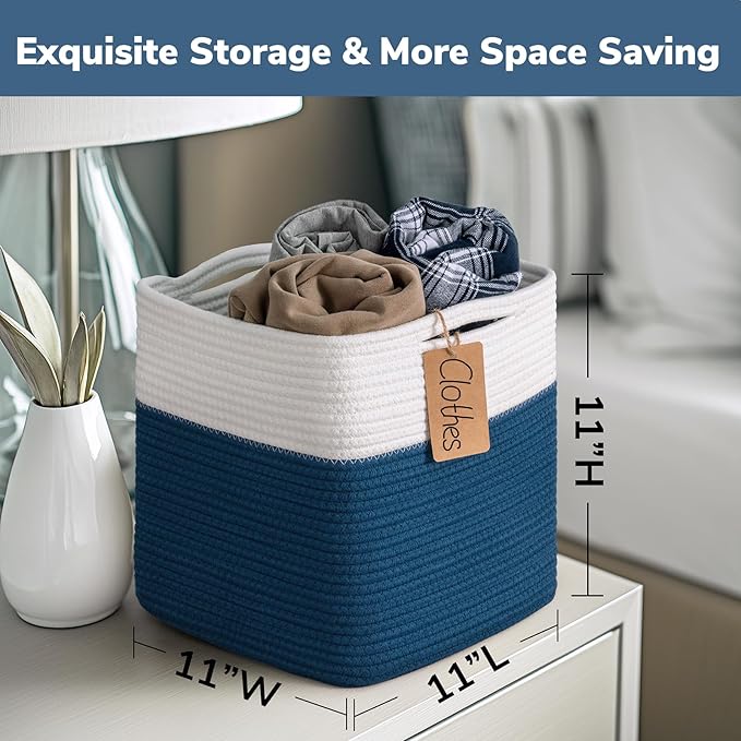 INDRESSME 11x11 Cube Storage Bins, 3-Pack Woven Baskets for Shelves Kids Toy Bins Bathroom and Playroom Basket Organizer, Nursery Laundry Basket, White & Blue