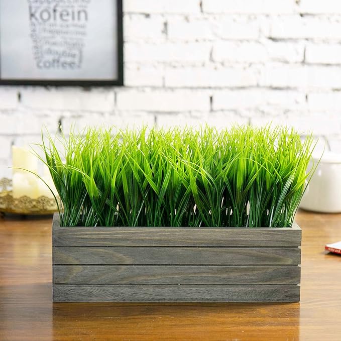 MyGift 14 Inch Artificial Green Grass Plant in Vintage Gray Wood Planter Window Box, Faux Greenery in Decorative Rectangular Crate Style Wooden Container