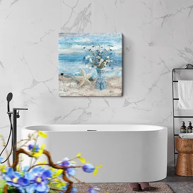 Large Canvas Wall Art for Living Room Blue Beach Wall Decor Ocean Theme Print Seaside Framed Artwork for Bedroom Bathroom Abstract Seascape Painting Coastal Flower Picture Home Office Decor 30x30inch