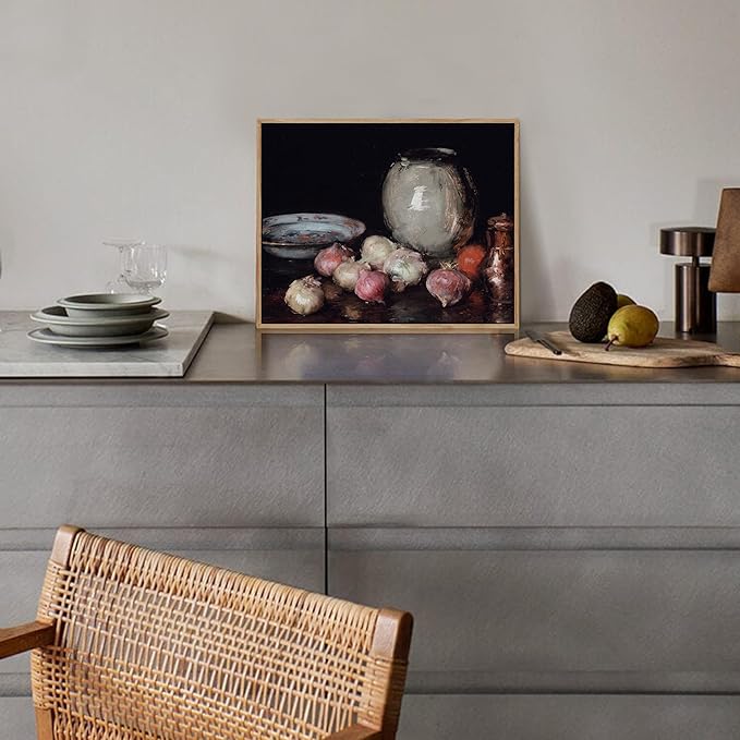 crmotu Vintage Framed Wall Art, Still Life Onions Canvas Oil Paintings, Black Antique Kitchen Decorations Art Prints, Rustic Home Decor Bedroom Dining Room Desktop Farmhouse Aesthetic Artwork 8x10in