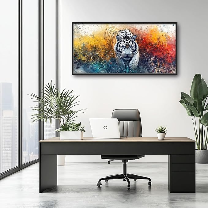 Extra Large Framed Abstract White Tiger Wall Art,Oversized Colorful Cool Tiger Wall Decor,Wild Animal Pictures for Living Room,Canvas Print Painting Modern Artwork Bedroom Office Bathroom 60L x30W