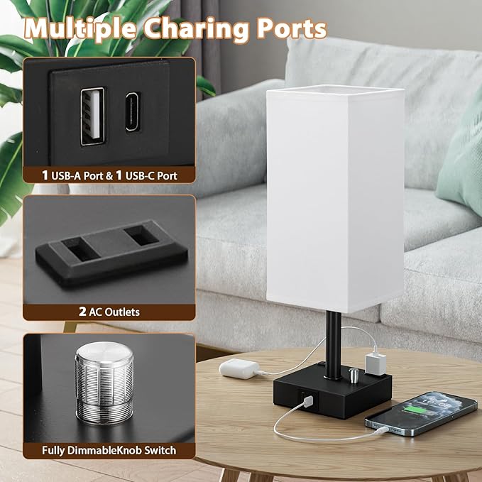 White Fully Dimmable Nightstand Lamps Set of 2 - Table Bedside Lamp with USB C+A Charging Ports & 2 AC Outlets, Square Lamp Sets Linen Fabric Shade for Bedroom Living Room(Bulb Included)