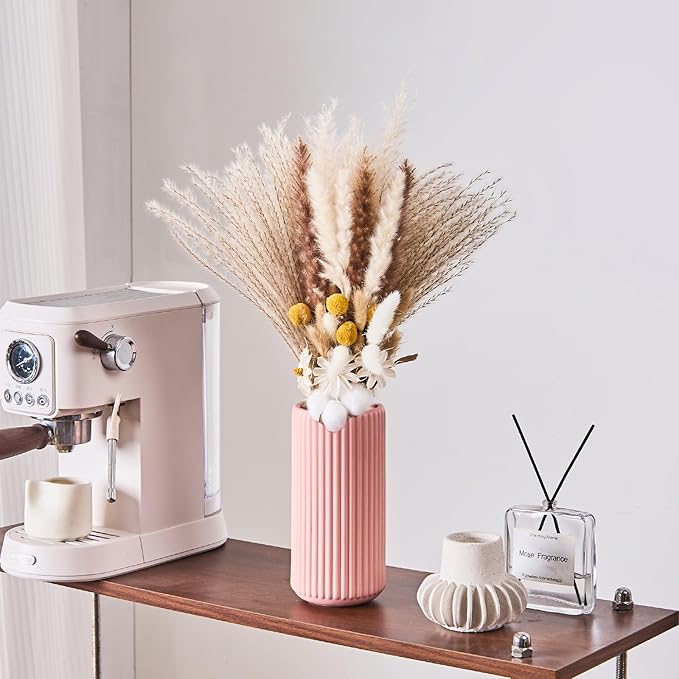 Pink Ceramic Flower Vase for Pampas Grass, 8 inch Small Decorative Centerpiece Ribbed Vase for Dining Table, Office Desktop, Shelf Bookshelf, Mantel, Entryway, Bathroom, Countertop, Farmhouse, Gift