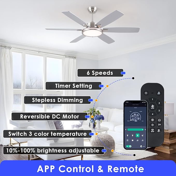 Ceiling Fans with Lights and Remote/APP Control, 52 Inch Flush Mount Ceiling Fan,11in 30W LED Ceiling Light, 3CCT, Quiet DC Motor Ceiling Fans for bedroom,Kitchen Brushed Nickel