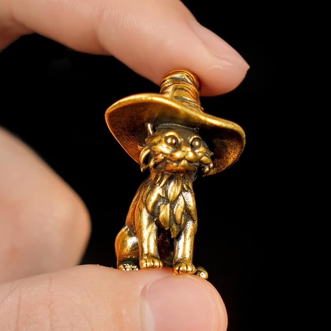 CHOVY Retro Handcrafted Witch Cat Ornament - 100% Solid Brass Desk Decor | Enchanting Feline Sculpture with Wizard Hat Unique Gift for Cat Lovers & Magic Enthusiasts