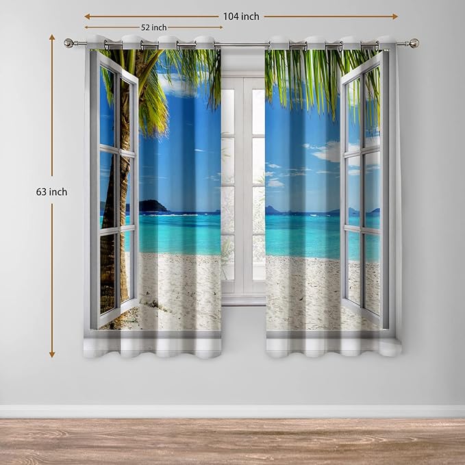 Jekeno Ocean Beach Palm Trees Blackout Curtains Summer Tropical Island Decor for Bedroom Living Room Seaside White Wooden Window View Print Grommet Window Drapes 2 Panel Set, 52"x63"