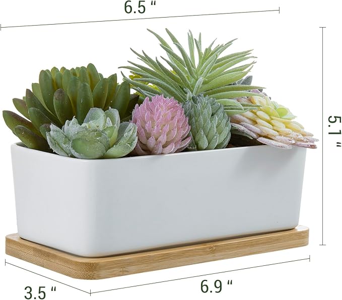 MyGift Assorted Artificial Succulent Plant Arrangement Potted in White Ceramic Planter Pot with Removable Bamboo Tray