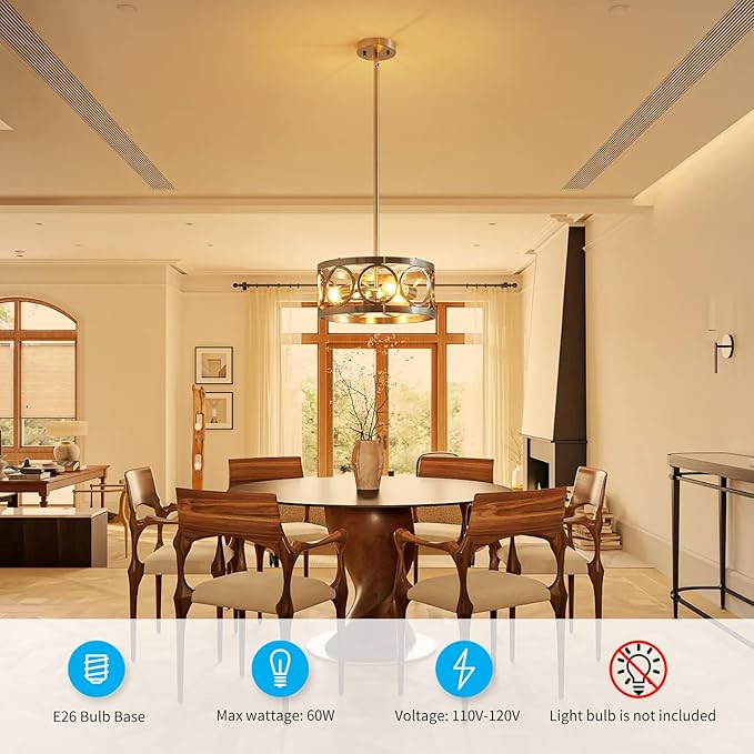 XINGQI Brushed Nickel 3-Light Rustic Ceiling Light Modern Adjustable Height Pendant Lighting Fixture Antique Drum Lamp for Living Room Bedroom Entryway Corridors 13”