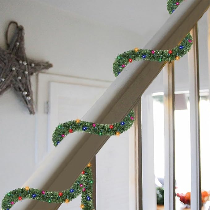 Biswing 15 FT Pre-lit Christmas Green Garland, Lighted Artificial Pine Garlands with 35 Count Multicolor Lights, Connectable & Light Up for Indoor Outdoor Gate Home Winter Holiday New Year Decor