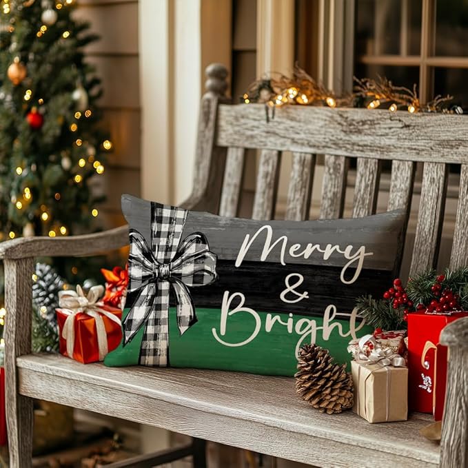 GEEORY Christmas Throw Pillow Covers 12 x 20 Inch Set of 4, Xmas Trees Merry and Bright Happy Holidays Farmhouse Decorative Cushion Cases for Home Decoration G584-12