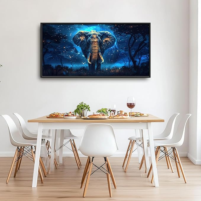 Flintis Large Elephant Wall Art Elephant Moon Wall Decor Abstract Animal Canvas Painting Print Artwork Decoration Framed for Living Room Bathroom Master Bedroom Office Dining Room 60L x 30W