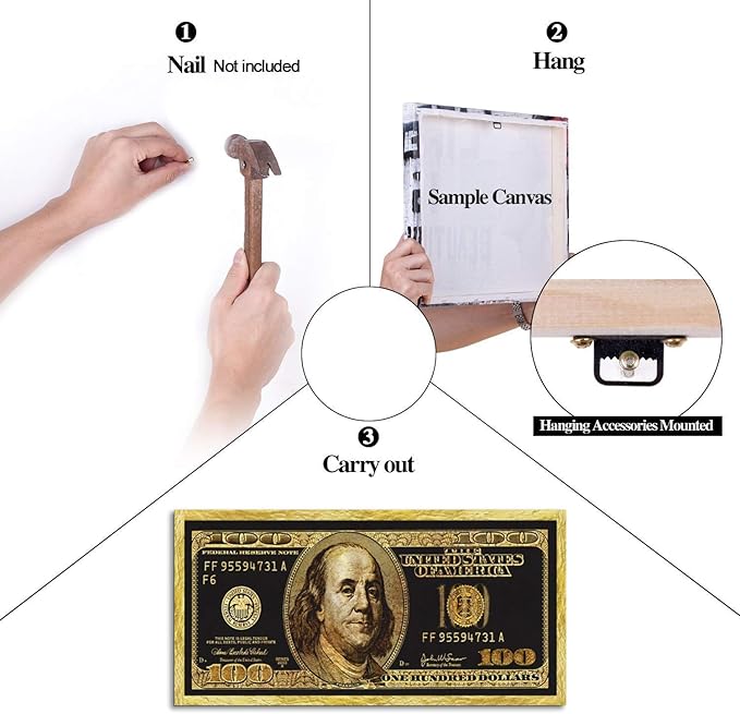 Golden Dollar Wall Painting Giclee Canvas Artwork 100 Dollar Money Poster and Print Creative 100 Bill Art Print Modern Home Decor Painting HD Print for Living Room Bedroom Frame Easy to Hang-32"Wx16"H