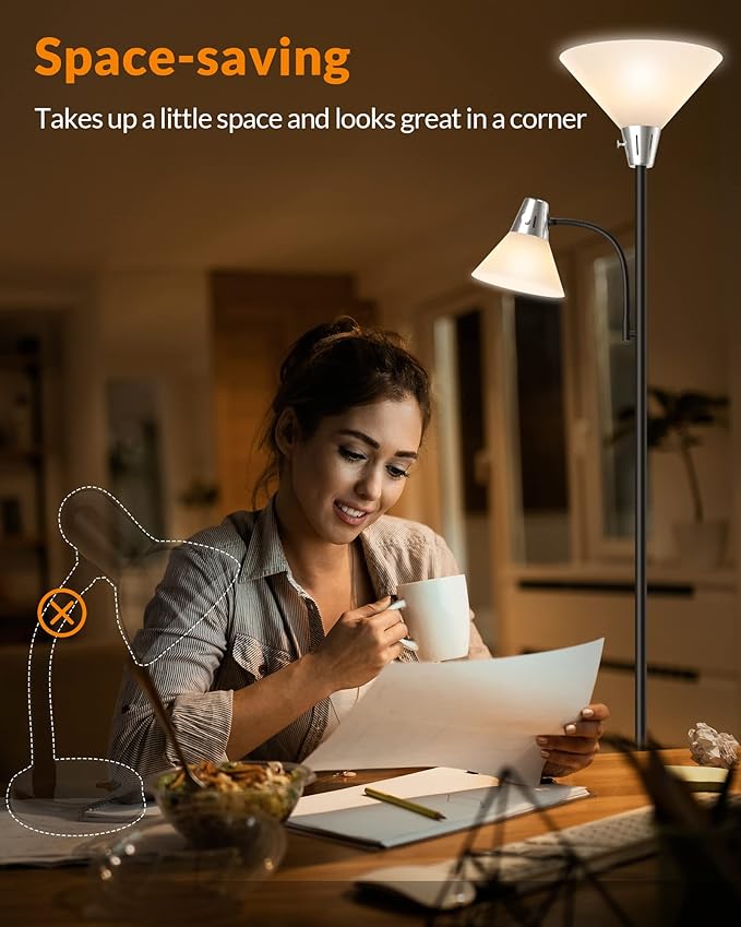 LEPOWER Floor Lamp, Standing Lamp Replaceable 3000K Energy-Saving, Lamp for Living Room with Adjustable Reading Light, Modern Bright Floor Lamp for Bedroom, Living Room, Office