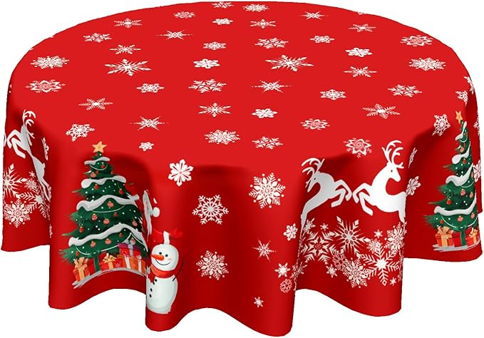 Kawani Christmas Tablecloth Round 60 Inch Xtmas Trees Snowman Decorative Table Cloth Deer Snowflake Winter Round Table Cover Seasonal for Home Kitchen Dining Party Indoor Outdoor Decor