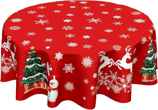 Kawani Christmas Tablecloth Round 60 Inch Xtmas Trees Snowman Decorative Table Cloth Deer Snowflake Winter Round Table Cover Seasonal for Home Kitchen Dining Party Indoor Outdoor Decor