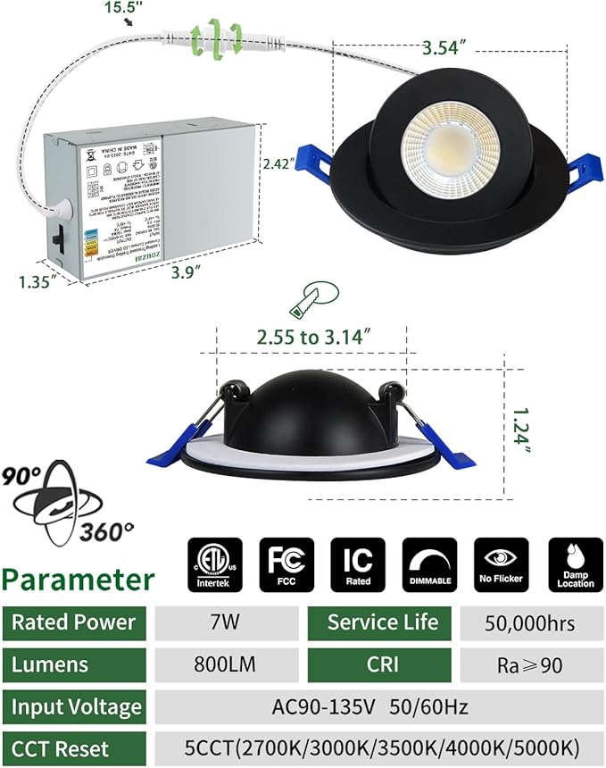 zouzai 5CCT LED Gimbal Led Recessed Light with Junction Box, 360°+90° Adjustable Directional Eyeball Lighting, Dimmable, 2700K/3000K/3500K/4000K/5000K,ETL&Energy Star (Black 6 Pack, 3 inch)