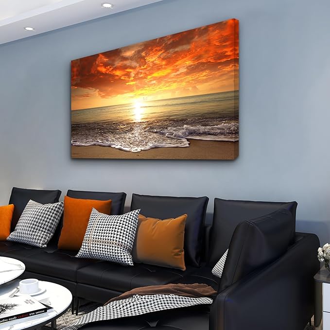 Baisuart-S0169 Canvas Prints Wall Art Sunset Ocean Beach Pictures Photo Paintings for Living Room Bedroom Home Decorations Modern Stretched and Framed Seascape Waves Landscape Giclee Artwork