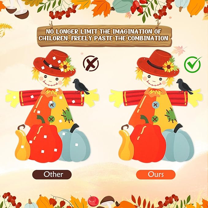 Thinkday 37-Piece Fall Thanksgiving Felt Craft Kit, DIY Pumpkin Felt Set DIY, Pumpkin 36 Detachable Fall Squirrel Pine Cones Corns Ornaments for Playing(Scarecrow)