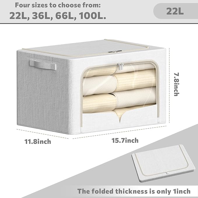3 Pack Clothes Storage Bins Foldable Metal Frame Storage Box Stackable Linen Fabric Container Organizer Set with Carrying Handles and Clear Window (Cream White, 15.7x11.8x7.8inch(22L))