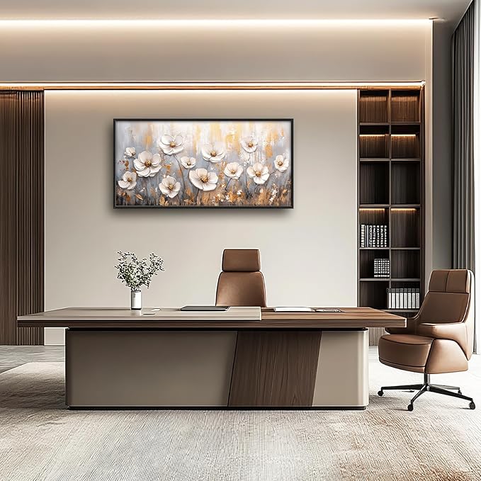 Olivine Flower Large Wall Art, White Floral Pictures Wall Decor, Retro Flowers Paintings Canvas Prints, Framed Artwork for Dining Room Bedroom Living Room Office Bathroom Home Decoration 60"x30"