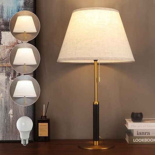 26.4" Living Room Modern Table Lamp Bedside Lamps for Bedroom 3-Color Temperatures Pull Chain Switch Nightstand Lamp for End Tables Wood Fabric for Home/Office/Desk Decor (Light Brown+Brass)