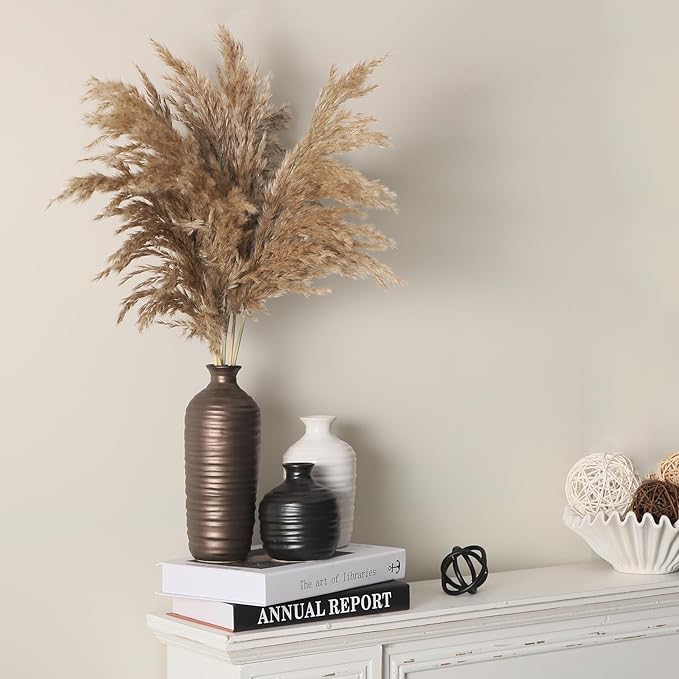 Ceramic Vase Set of 3 Neutral Decorative Vase for Farmhouse, Boho, or Rustic Home Decor Pottery Vases for Living Room Bathroom Table Mantel Fireplace Entryway Shelf (01-Metallic)