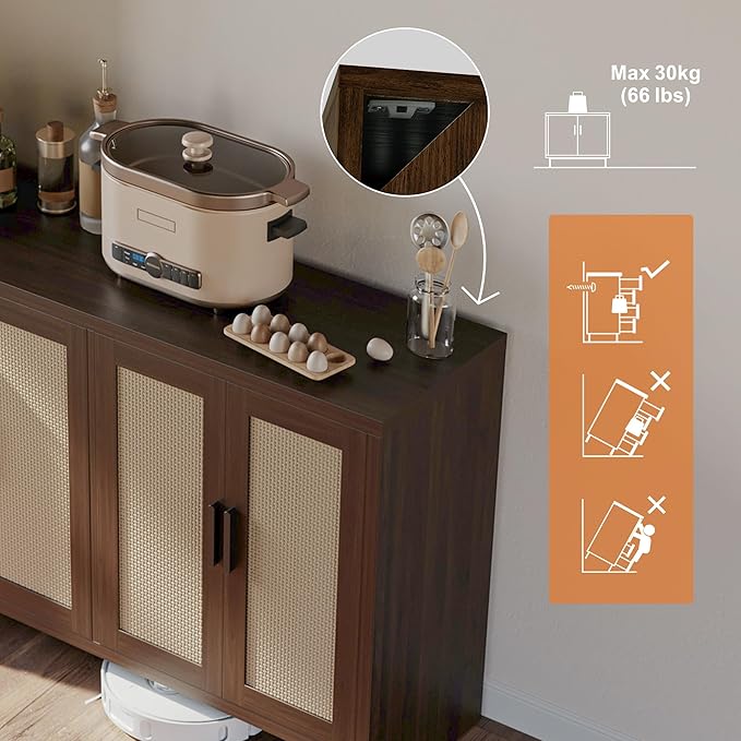 Rattan Buffet Cabinet with Storage, Sideboard Cabinet with Doors and Adjustable Shelves, Farmhouse Coffee Bar Station Table, Modern Wood Cupboard for Kitchen, Livingroom, Walnut