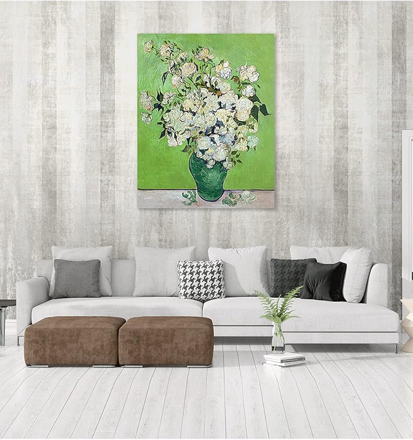 DECORARTS - Pink Roses in a Vase, Vincent Van Gogh Art Reproduction. Giclee Print on Canvas. Wall Art for Home. 40x32