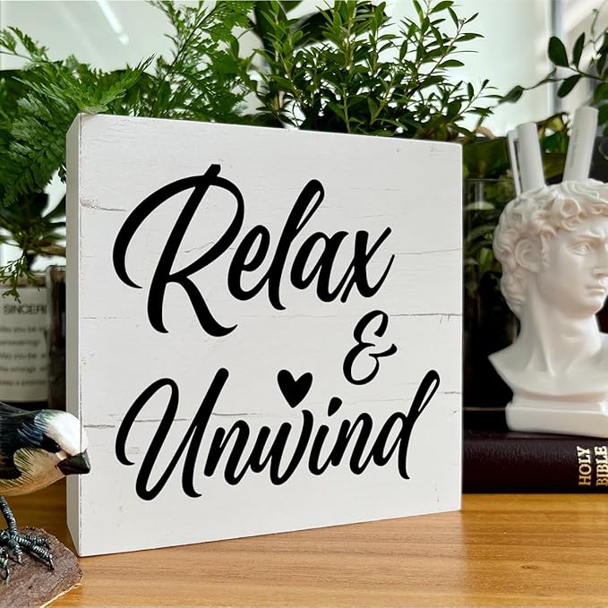 Relax and Unwind Sign, Rustic Wood Sign, Easy Vibe Home Decor, Office Decor, Decorative Wooden Desk Sign, Farmhouse Wood Sign, Bathroom Decor, Home Decor for Shelf, Box Sign Tabletop Decor