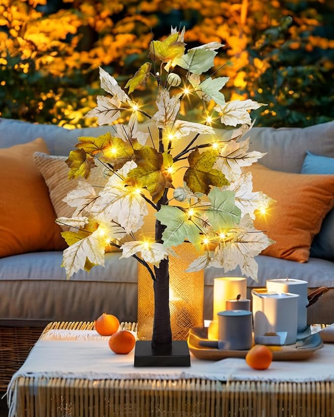 Uieke 24inch Artificial Lighted Fall Maple Tree 24 LED Fall Decor Tabletop Maple Tree with 3 White Pumpkins Battery Operated Timer, Fall Decorations or Home Thanksgiving Autumn Harvest (Green White)