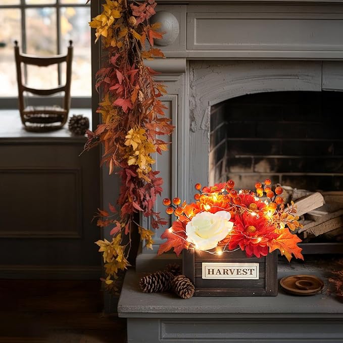 Fall Centerpieces for Tables Decor Fall Flowers Wooden Pot with Lights for Dining Room Farmhouse Kitchen Coffee Table Decorations with Artificial mums Centerpieces Fall Decor