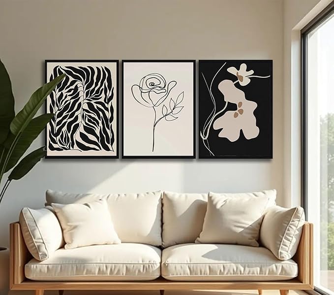 3Pcs Framed Canvas Wall Art Paintings Modern Botanical Prints Abstract Floral Posters Black and White Gallery Wrap Artwork for Living Room Bedroom Bathroom Office 16x24Inch