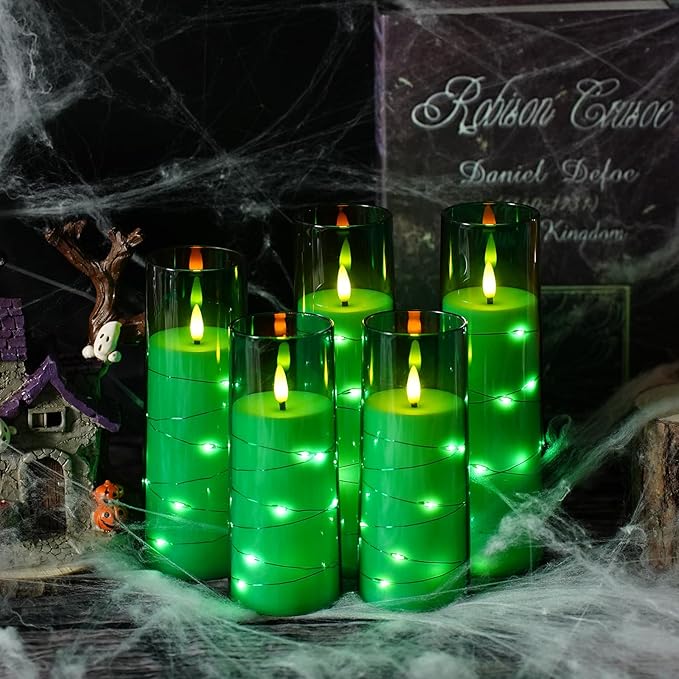 Flameless LED Candles with Timer 5 Pc Flickering Flameless Candles for Romantic Ambiance and Home Decoration Stable Acrylic Shell,with Embedded Star String，Battery Operated Candles（Green）
