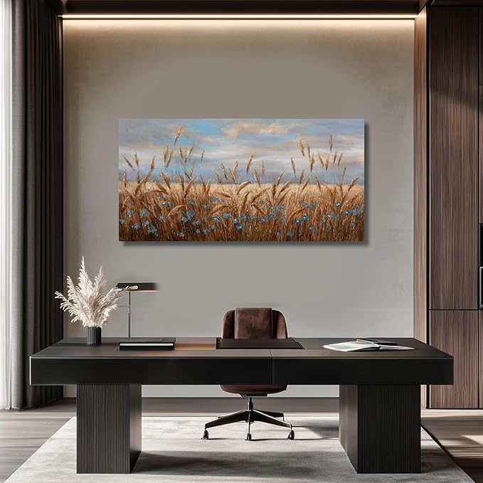 GAIDUOMAI Flowers Wall Art Gold Cornfield Artwork Blue Sky Landscape Wall Decor Vintage Posters for Room Decor 24"x48" Wall Prints for Office Home Bedroom