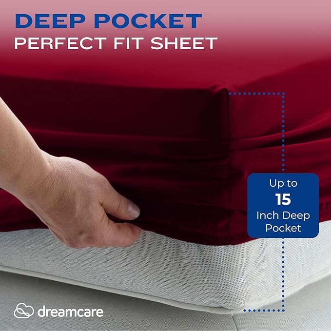 DREAMCARE Twin XL Sheet Set - Cooling Bed Sheets - 4pc Set - up to 15" Deep Pocket Twin XL Sheets - Soft & Long Lasting 100% Fine Brushed Polyester with Side Pocket - Burgundy