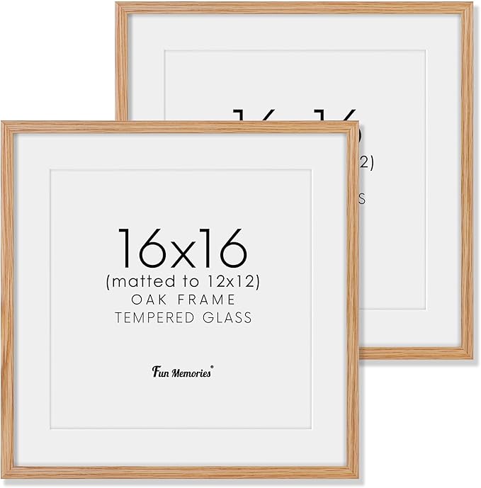 16x16 Picture Frames, Solid Oak Wood Photo Frame 16 by 16, Rustic Wooden Square Picture Frame with Tempered Real Glass, 16 x 16 Square Frame Matted to 12 x 12, Natural Color, Set of 2