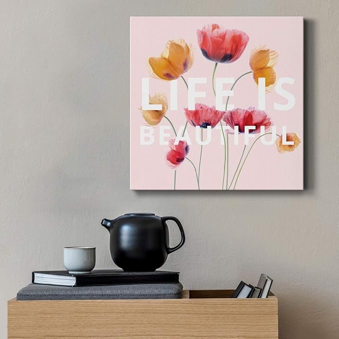 Wexford Home Square Premium Gallery Wrapped Canvas Flower Multicolor Wall Art Abstract Floral Romance Modern Pictures Print for Home Office, Ready to Hang, life is beautiful, 10x10