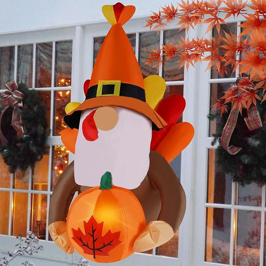 Juegoal Fall Decor Window Inflatable Gnome, 3.5FT Light Up Thanksgiving Gnome with Turkey Wings Holds Pumpkin, Animated Autumn Harvest Front Door Roof Prop, Outdoor Indoor Holiday Party Blow up Decor