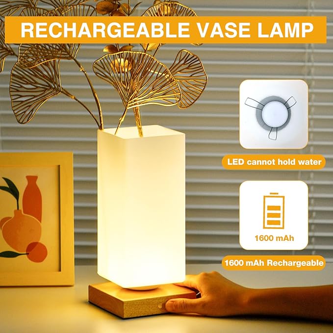Vase Table Lamp Rechargeable Touch Lamp Dimmable 3 Colors Flower Lamp Bedside Lamp Frosted Glass Shade with Wood Base