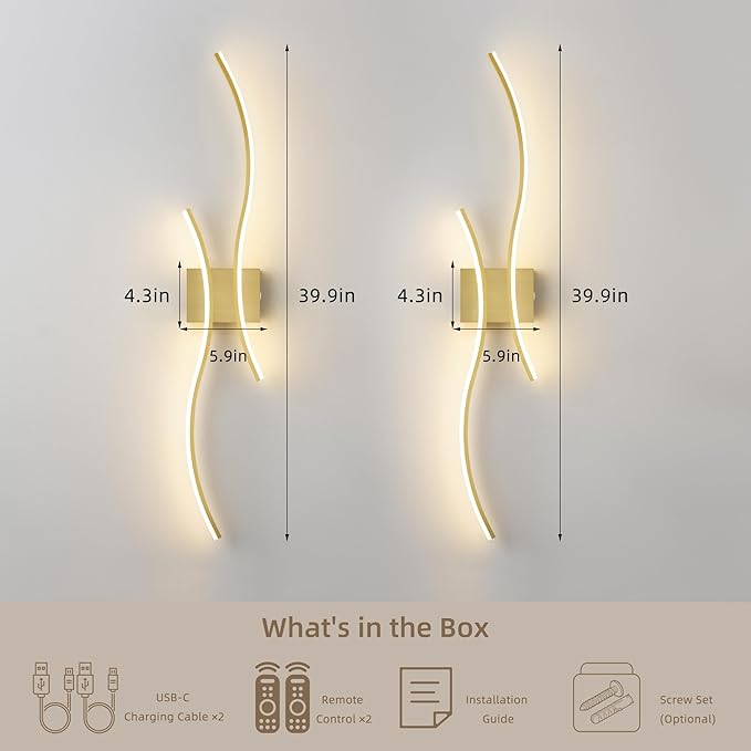 Battery Operated Wall Sconce Set of 2, Dimmable Modern LED Rechargeable Wall Light with Remote Control, Wall Decor for Living Room, Hallway, Quick Install, No Electrician Required