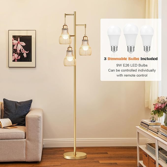 Dimmable Gold Floor Lamps for Living Room, Farmhouse Tree Standing Tall Lamp with Remote Control 3 Elegant Cage Shade LED Bulbs for Bedroom Office - Gold