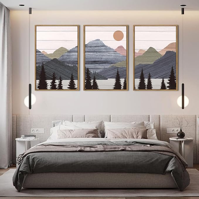 ANHUIB Mountain Wall Art 24x36 Inch Large Mountain Range Art Print Forest Painting Set of 3 for Living Room Bedroom Office