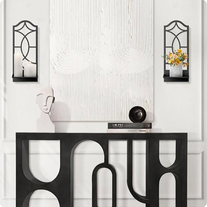 Candle Wall Sconces Set of 2, Black Metal Wall Art Decor for Living Room, Dining Room, Bedroom, Bathroom (16.5 x 7 in)