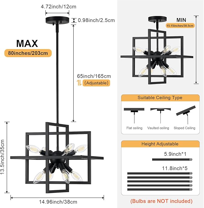 Small Modern Lantern Chandeliers, Geometric Black Pendant Lighting, 8-Light Industrial Hanging Chandelier Light Fixture for Dining Room, Kitchen, Bedroom, Foyer, Entryway, Farmhouse UL Listed