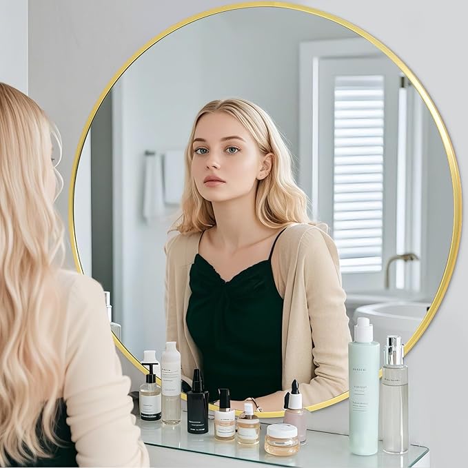 BEAUTYPEAK 48 Inch Round Mirror, Metal Frame Circle Mirror, Wall Mounted for Entryway, Bathroom, Vanity, Living Room, Gold