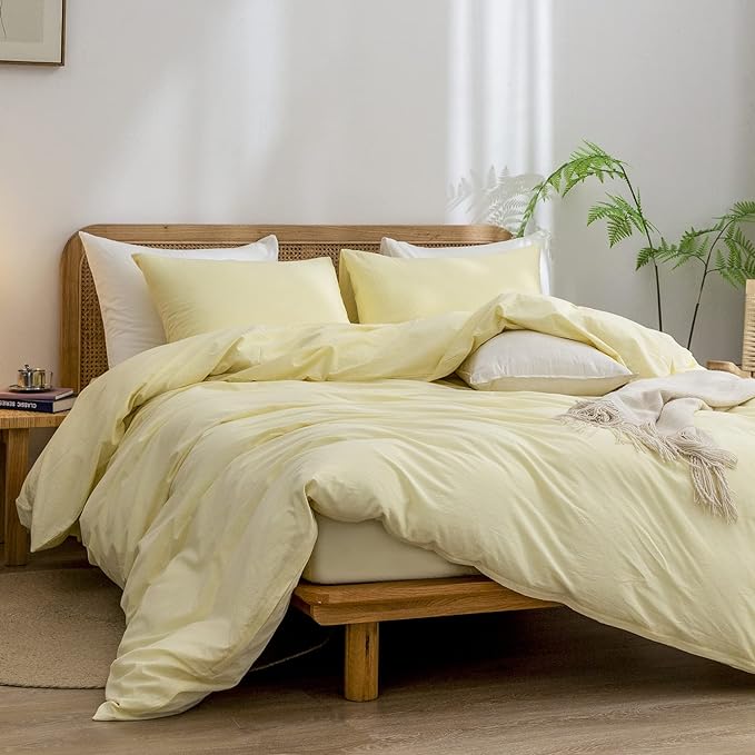 BESTOUCH Duvet Cover Set 100% Washed Cotton Linen Feel Super Soft Comfortable Chic Lightweight 3 PCs Home Bedding Set Solid Light Yellow King