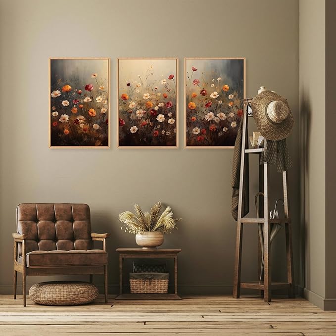 KAIRNE Vintage Wildflower Wall Art Set of 3, Boho Watercolor Botanical Framed Canvas Prints, Rustic Colorful Floral Decor for Living Room, Bedroom, Farmhouse 16x24 inch